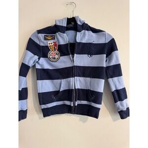 Polo Ralph Lauren Striped Full Zip Hoodie boys Size 7 Blue Crest Patches